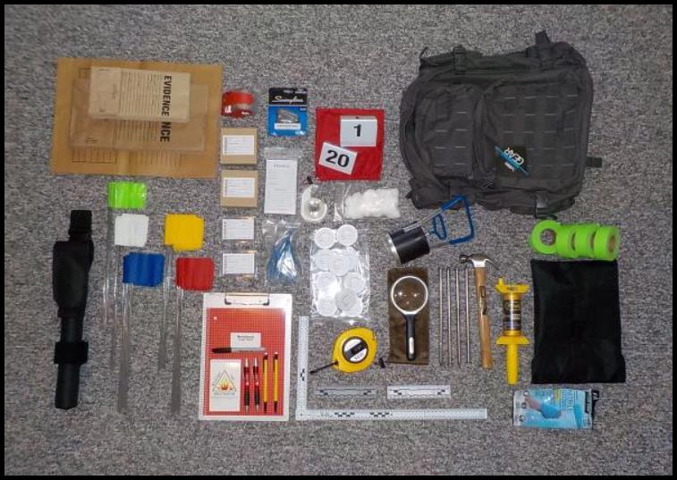 Deaton Investigations, LLC Wildland Fire Investigation Backpack Investigation Kit.
Photo (c) 2014 D. Deaton